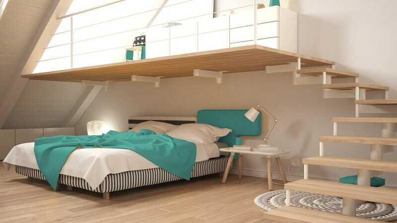 Loft mezzanine scandinavian minimalist bedroom