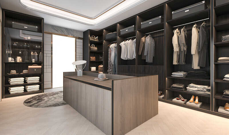 loft dark wood walk in closet with wardrobe