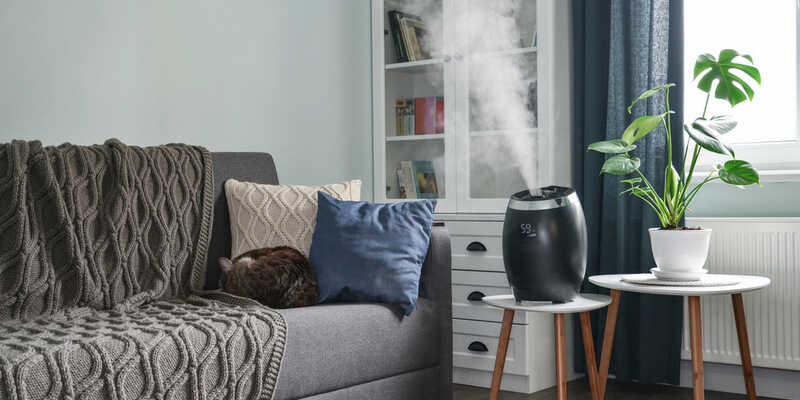 Ultrasonic cool mist humidifier for home on a small table in living room closeup