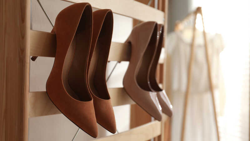 shoes hanging on a rack