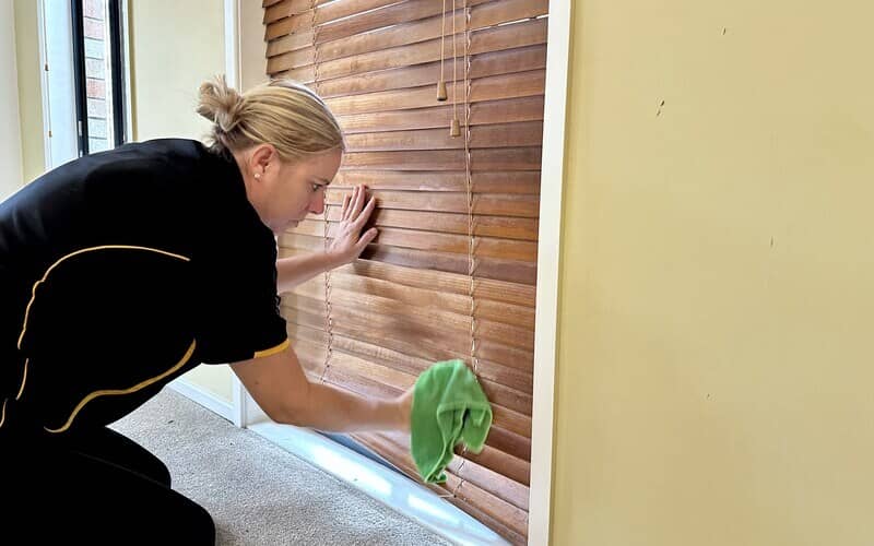 professional cleaner using cloth to clean blinds