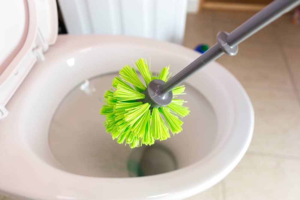 Cleaning the toilet using a toilet brush.