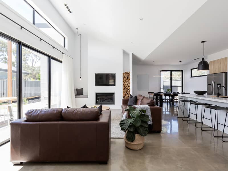 living room with polished concrete floor