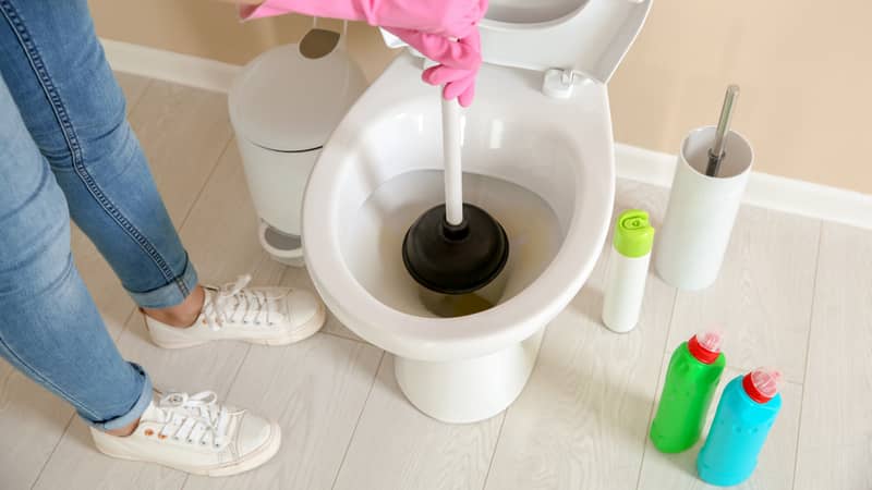 Woman holding toilet plunger in the toilet