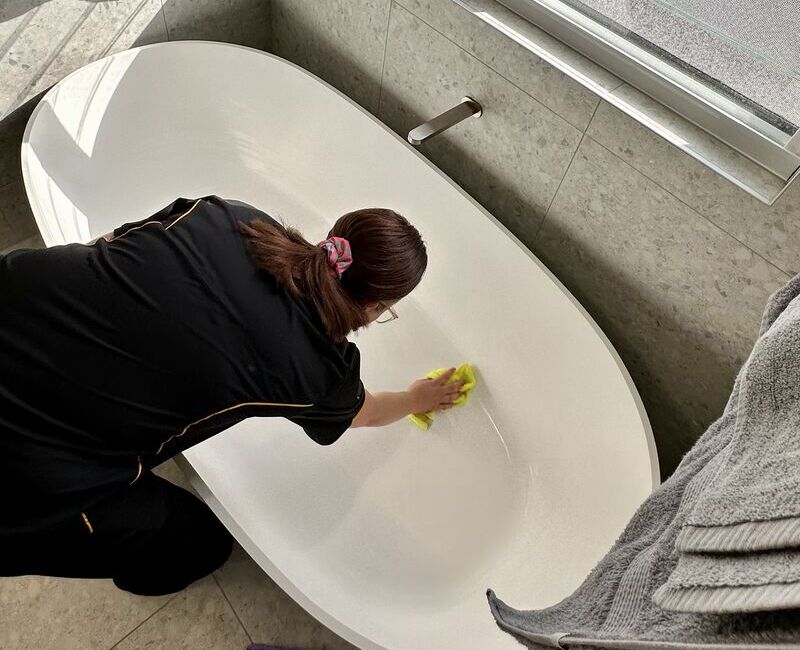 Professional house cleaner cleaning bathtub