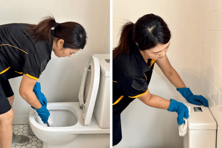 how to clean a toilet two photos of a professional cleaner cleaning a toilet