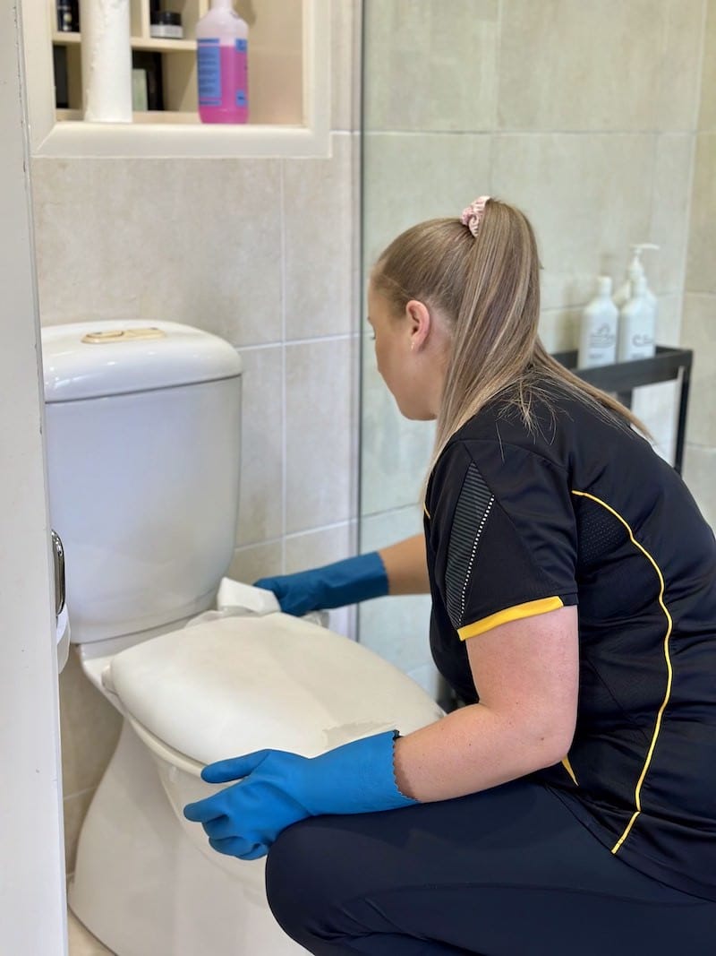 cleaning the outside of a toilet 