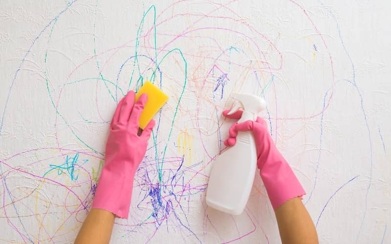 hands in gloves holding a sponge and cleaner