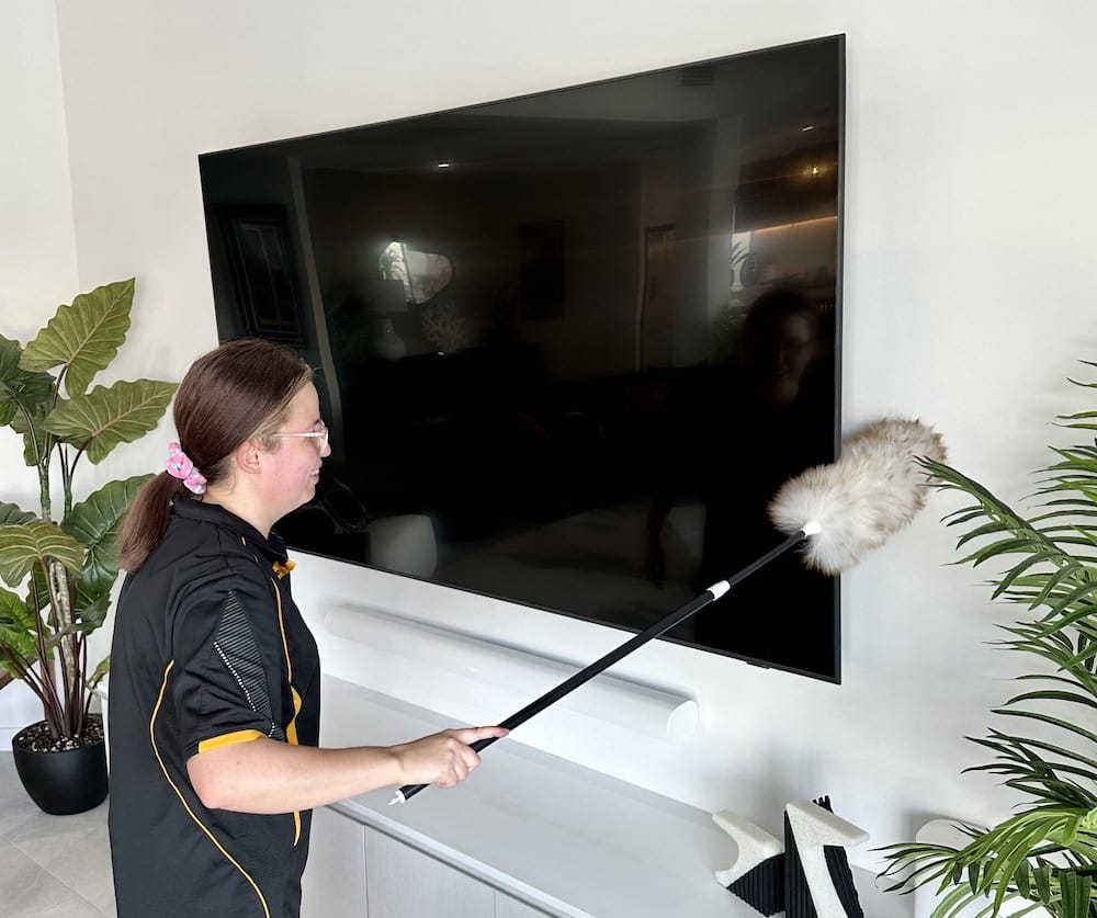 Kirsten dusting a flat screen TV with an extendable duster