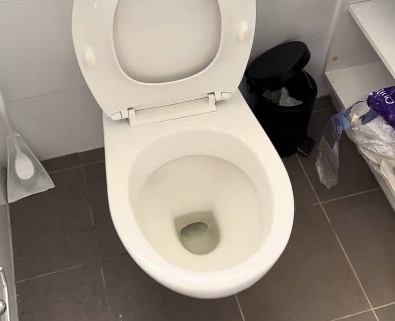 top view of toilet with rubbish bin beside it