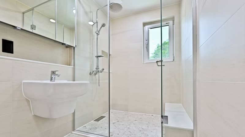 A bathroom with a glass partition separating the shower area