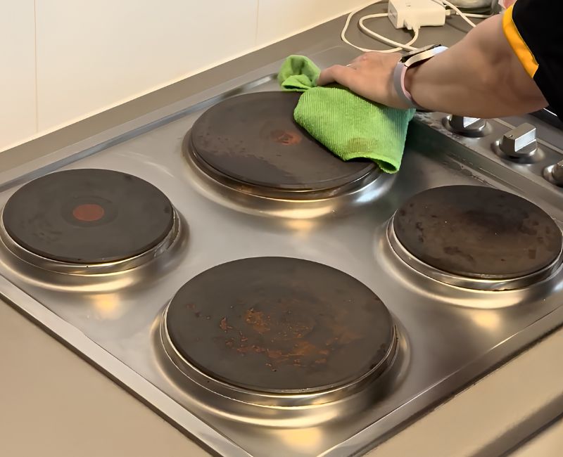 Maid2Match expert house cleaner cleaning electric hot plate stove top with microfibre cloth