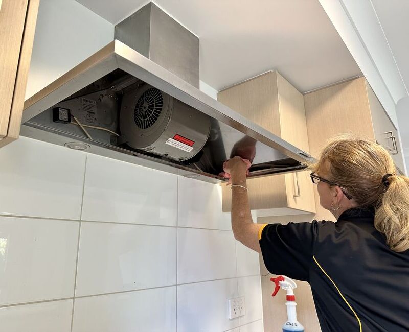 Professional cleaner Elizabeth cleaning rangehood interior with filters removed