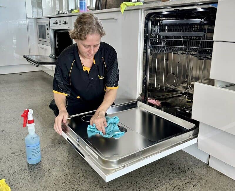 Nicole cleaning the door of a dishwasher