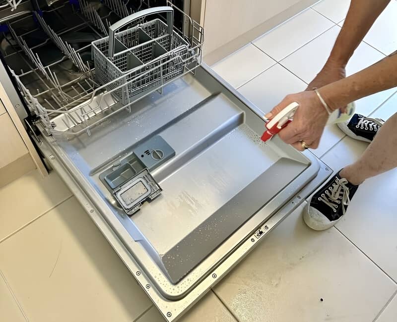 house cleaner using a spray to clean the dishwasher