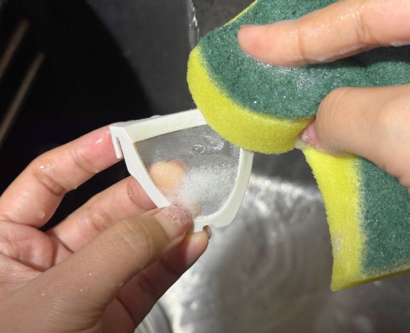 Cleaner cleaning a kettle filter with dish soap and water