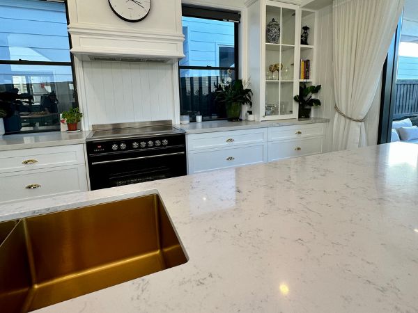 newly cleaned shiny marble benchtop with seal