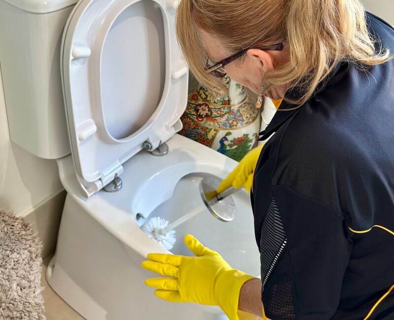 Maid2Match Brisbane professional cleaner scrubbing toilet bowl