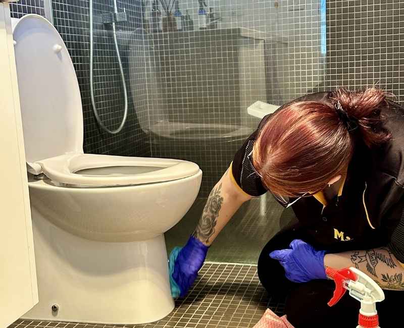 Maid2Match Geelong trained house cleaner cleaning outside and around a toilet