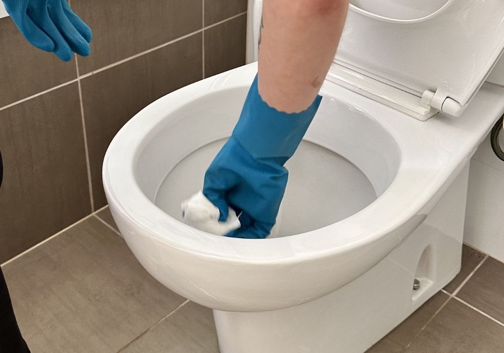 fix-smelly-toilet-even-after-cleaning Maid2Match house cleaner wearing protective gloves using tissue to clean toilet