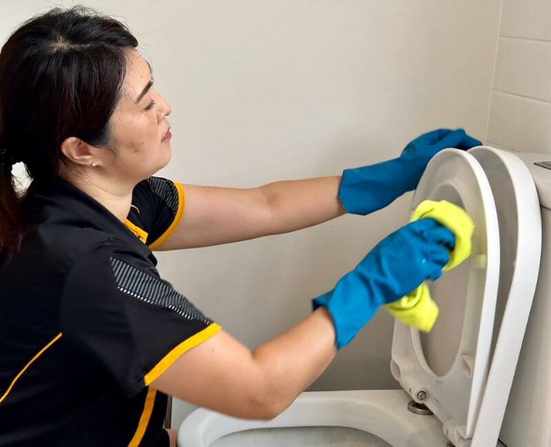 Maid2Match expert house cleaner wipes underneath a toilet seat with microfibre cloth