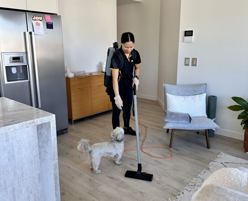Maid2Match house cleaner Paige vacuuming and cleaning in a room with a friendly dog