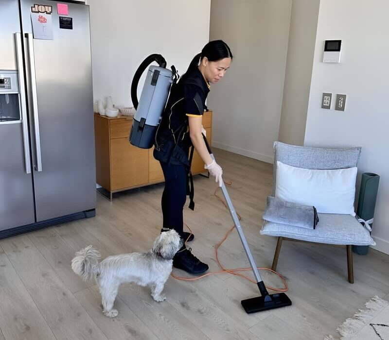 Paige vacuuming while a dog is looking at her