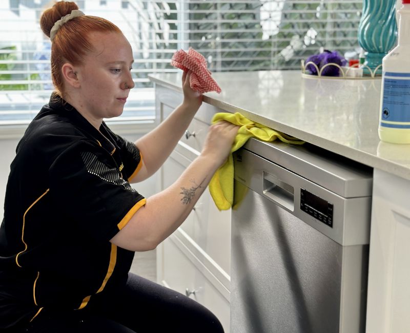 Maid2Match expert cleaner Hollie cleaning dishwasher exterior surface