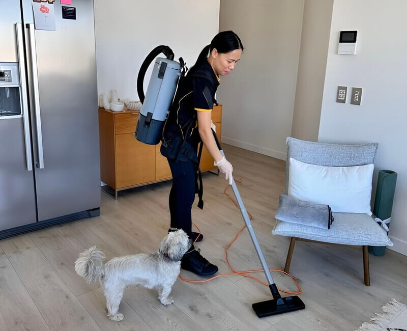 Paige vacuuming around the house while a pet is watching her