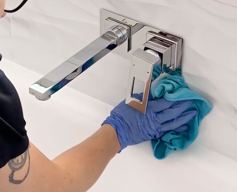 Using microfibre cloth and bleach to clean area around bathtub